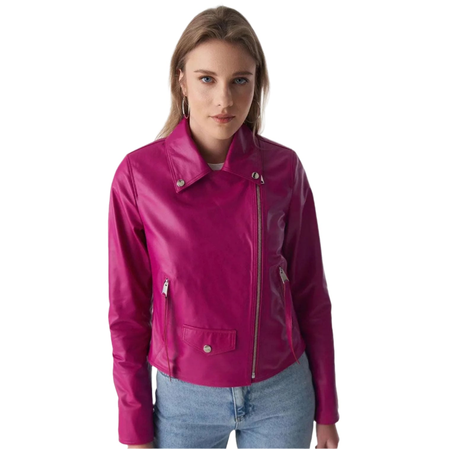 Fuchsia Nappa Leather Women's Classic Biker Jacket - AMSEL LEATHERS