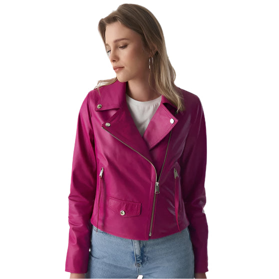 Fuchsia Nappa Leather Women's Classic Biker Jacket - AMSEL LEATHERS