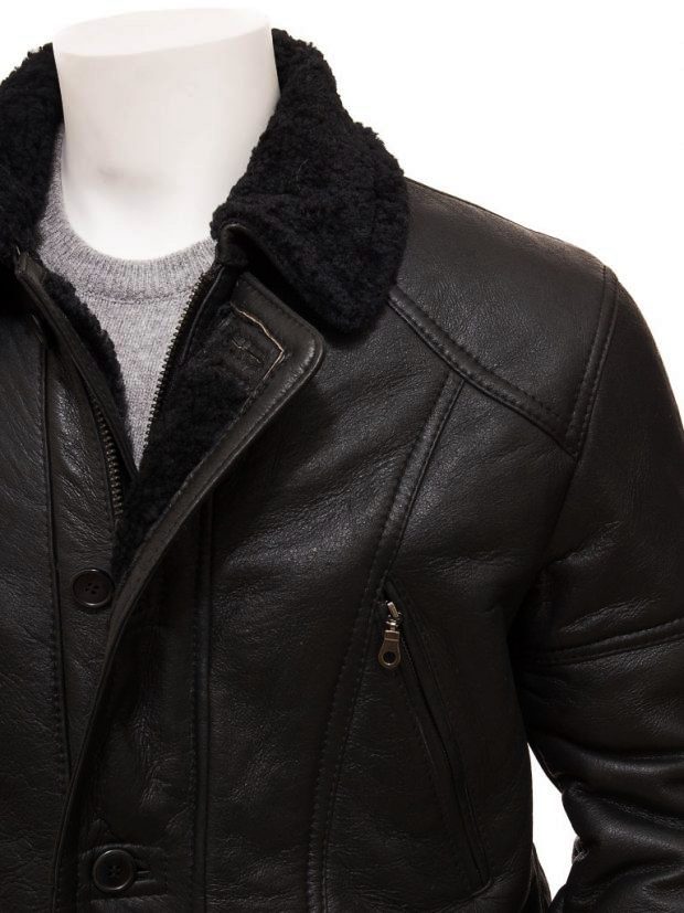 men’s black sheepskin leather sheepskin coat back view