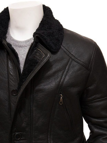 men’s black sheepskin leather sheepskin coat back view