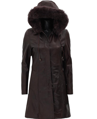 • dark brown leather coat womens front view
