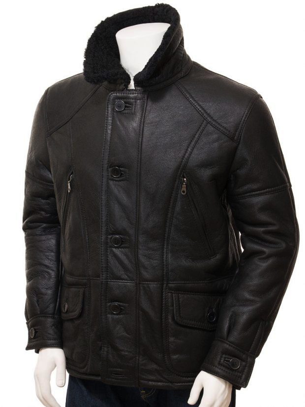 men’s black sheepskin leather sheepskin coat detail view