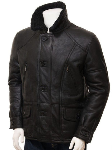 men’s black sheepskin leather sheepskin coat detail view