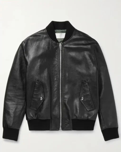 Genuine Leather Black Zip-Up Bomber Jacket - AMSEL LEATHERS