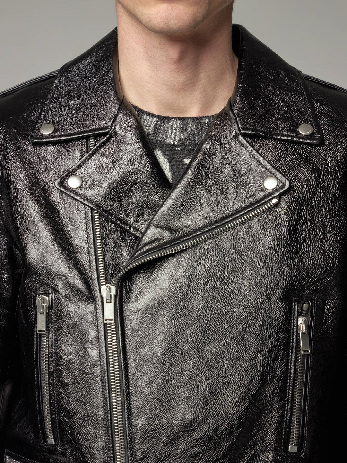 men's black leather biker jacket lorcan front view