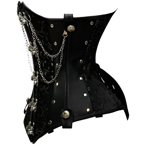 Goel Silver Brocade & Faux Leather Underbust Corset With Chain Details - AMSEL LEATHERS