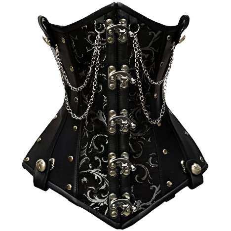 Goel Silver Brocade & Faux Leather Underbust Corset With Chain Details - AMSEL LEATHERS