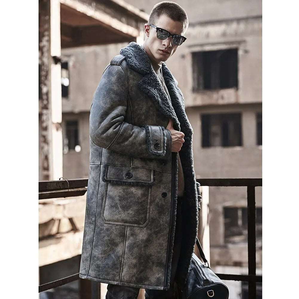 Elegant Gray B3 Shearling Jacket Long Sheepskin Coat - AMSEL LEATHERS