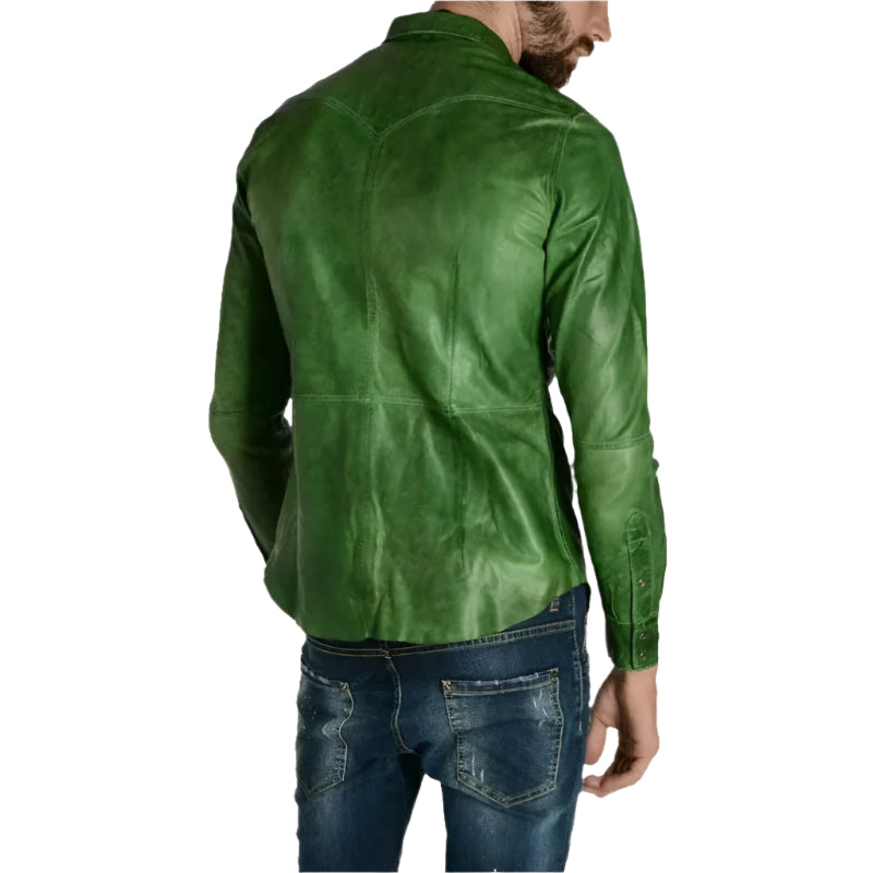 Men's Green Napa Lamb Leather Biker Shirt with Full Sleeves - AMSEL LEATHERS