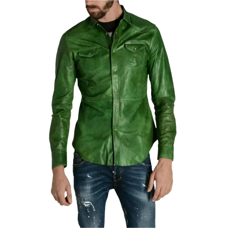 Men's Green Napa Lamb Leather Biker Shirt with Full Sleeves - AMSEL LEATHERS