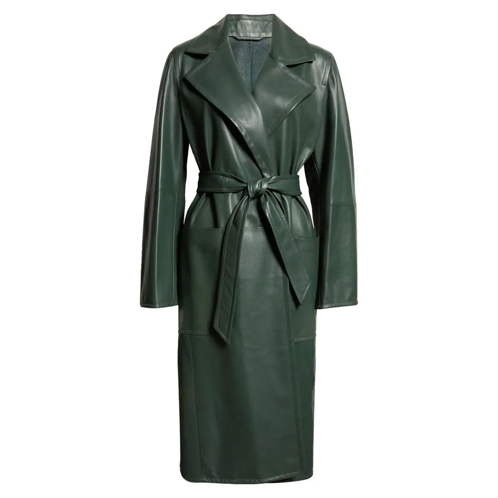 Elegant Green Women's Wrap Leather Coat - AMSEL LEATHERS