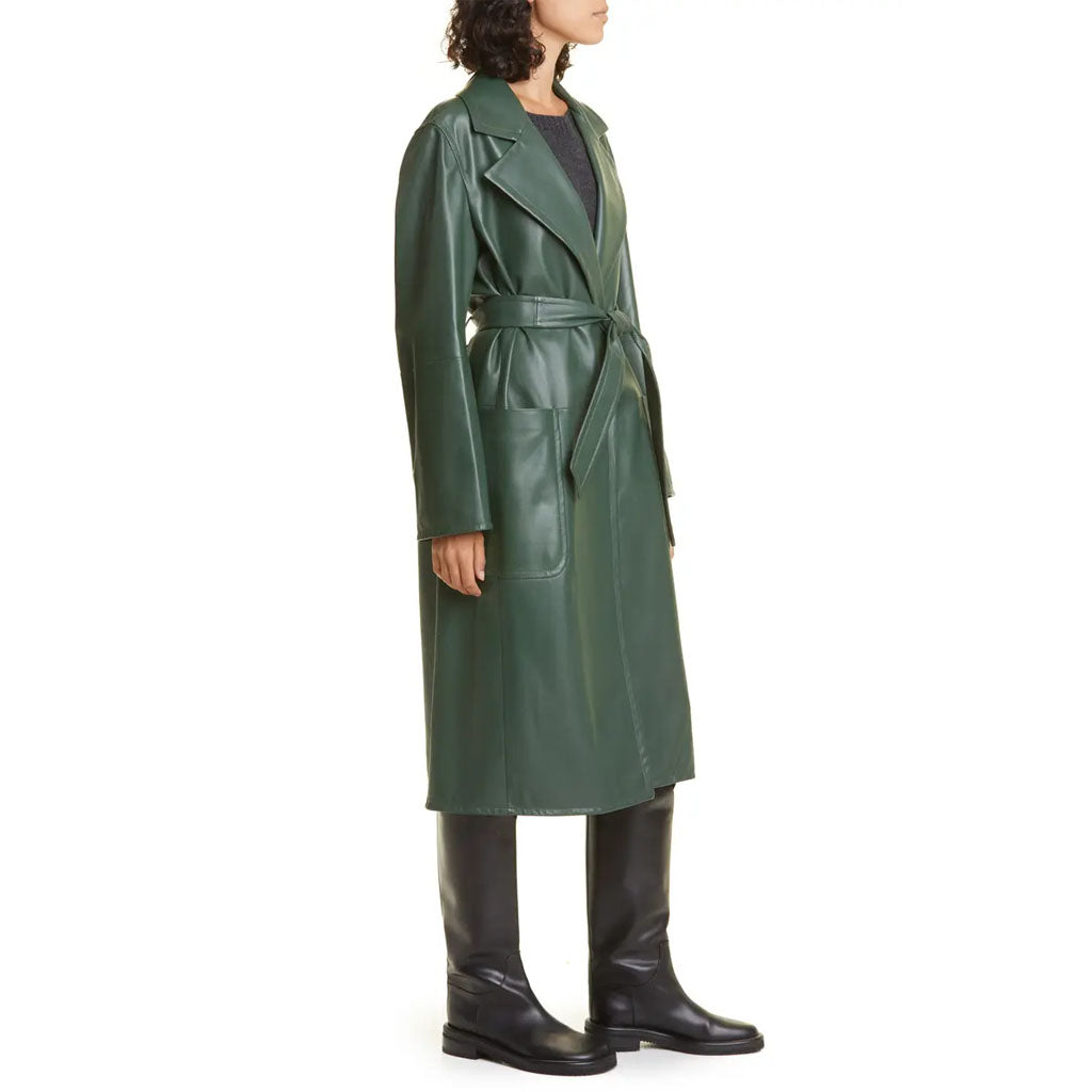 Elegant Green Women's Wrap Leather Coat - AMSEL LEATHERS