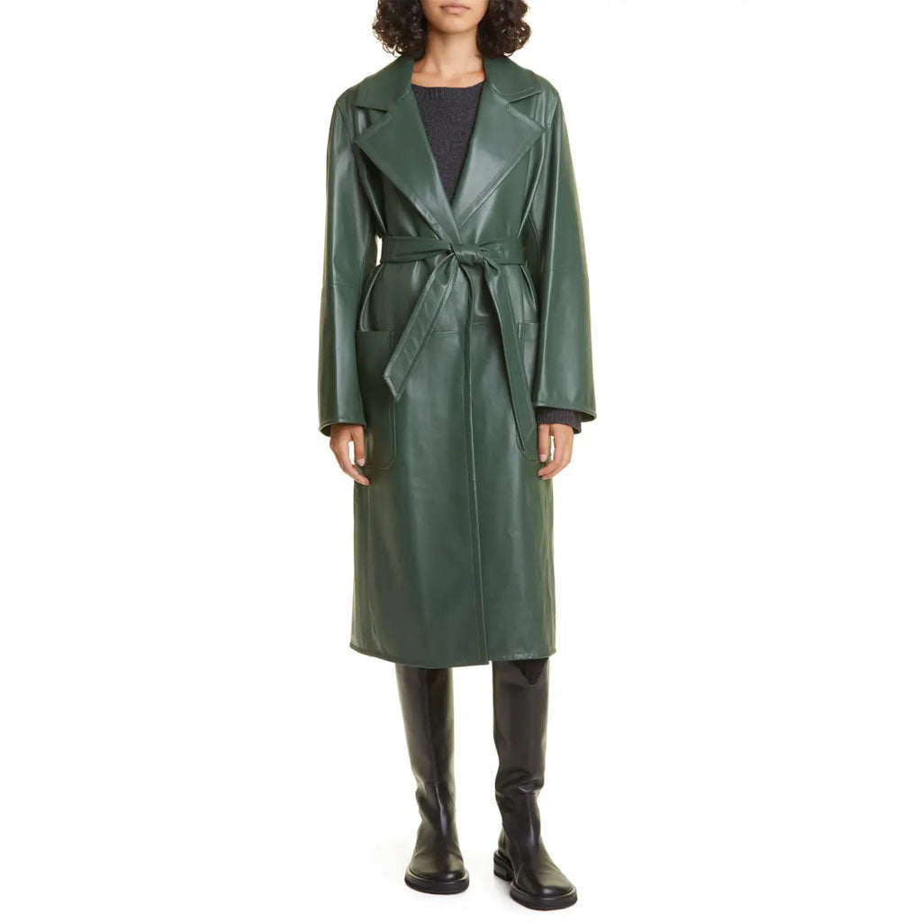 Elegant Green Women's Wrap Leather Coat - AMSEL LEATHERS