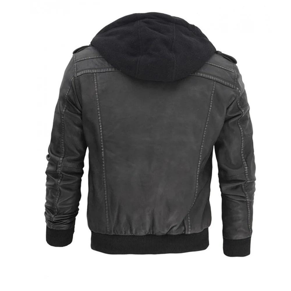 Men’s Grey Hooded Bomber Leather Jacket - AMSEL LEATHERS