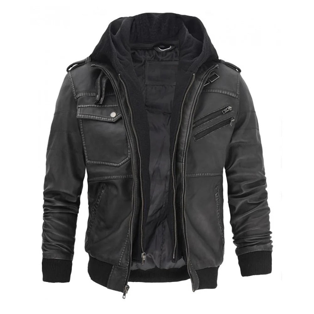 Men’s Grey Hooded Bomber Leather Jacket - AMSEL LEATHERS