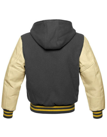 • leather sleeve varsity hoodie detail close up
