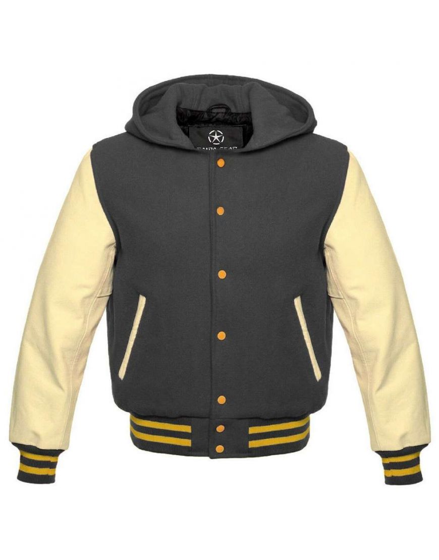 • grey varsity hoodie jacket front view
