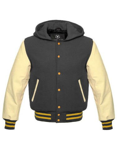 • grey varsity hoodie jacket front view
