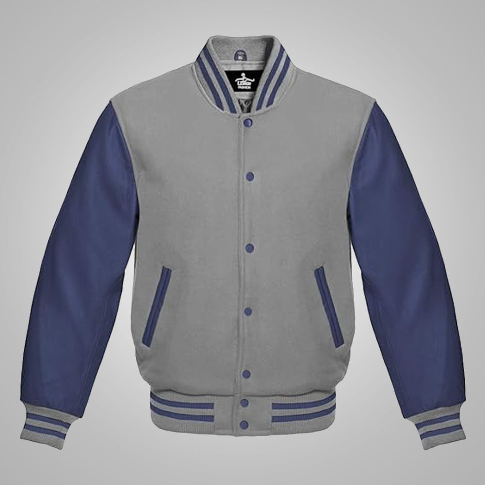 Mens Baseball Style Grey and Royal Blue Varsity Jacket
