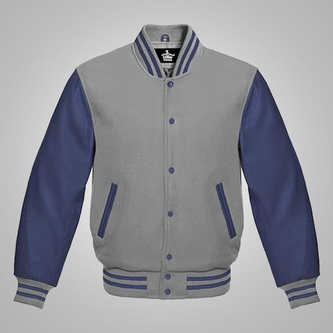 Mens Baseball Style Grey and Royal Blue Varsity Jacket