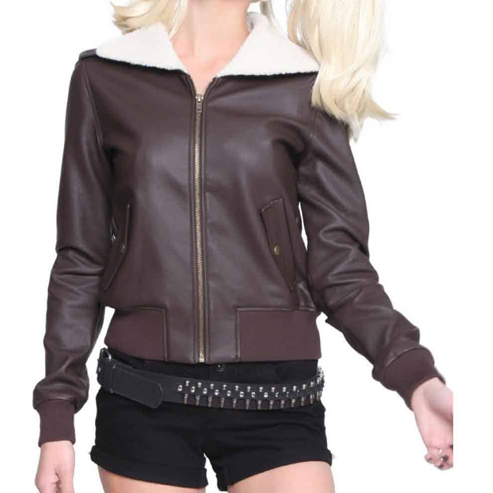 Harley Quinn Bombshell Brown Jacket with Fur Collar - AMSEL LEATHERS