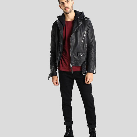 men's black hooded lambskin leather bomber jacket conrad styling view