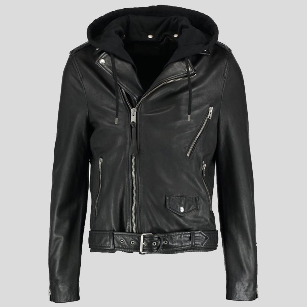 men's black hooded lambskin leather bomber jacket conrad texture detail