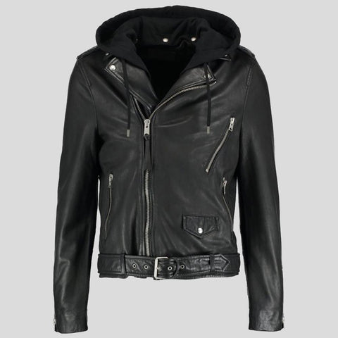 men's black hooded lambskin leather bomber jacket conrad texture detail