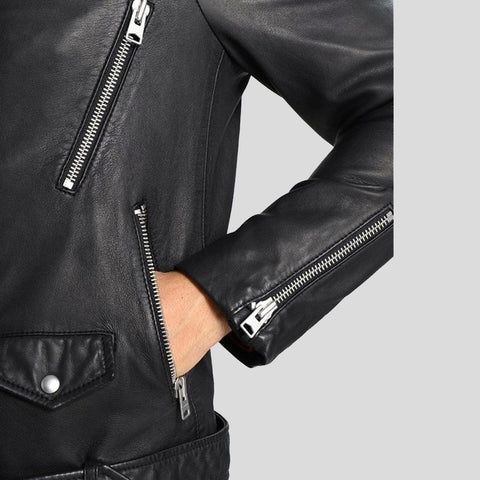 men's black hooded lambskin leather bomber jacket conrad detail close up