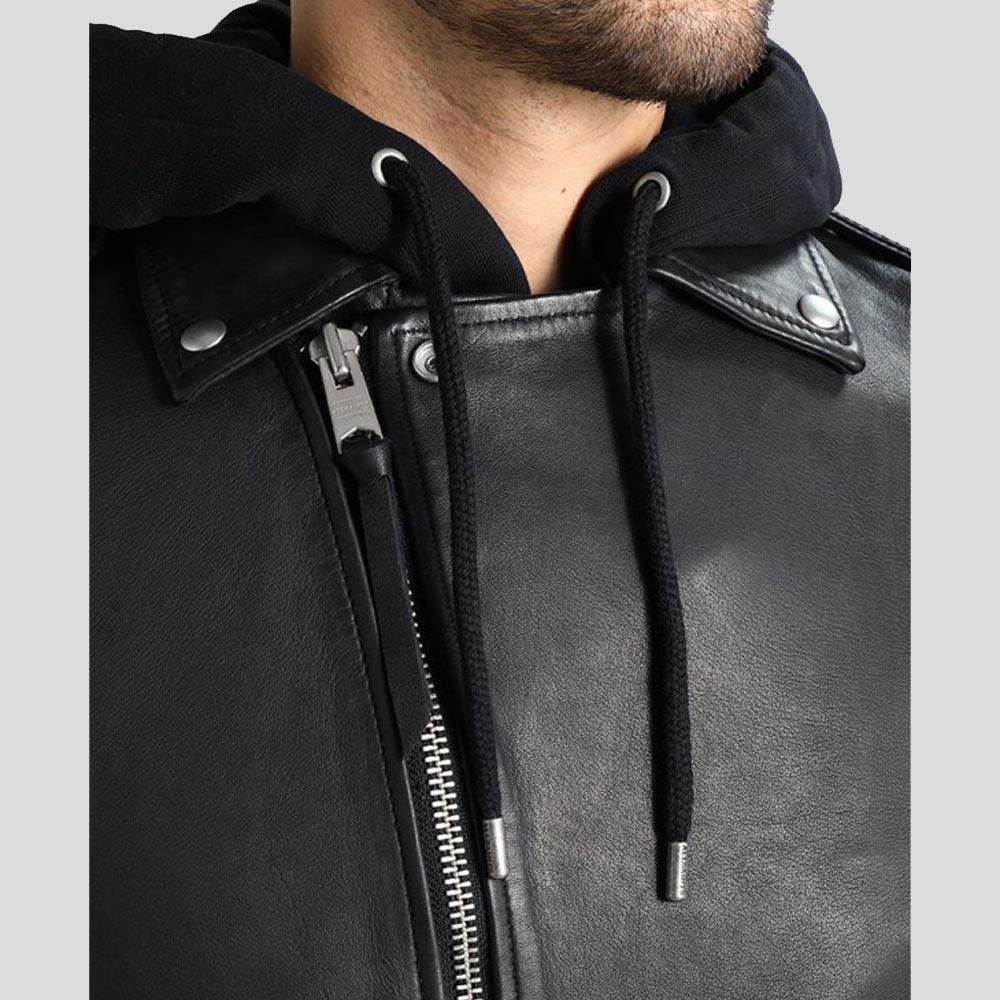 men's black hooded lambskin leather bomber jacket conrad back view