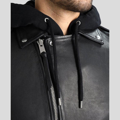 men's black hooded lambskin leather bomber jacket conrad back view