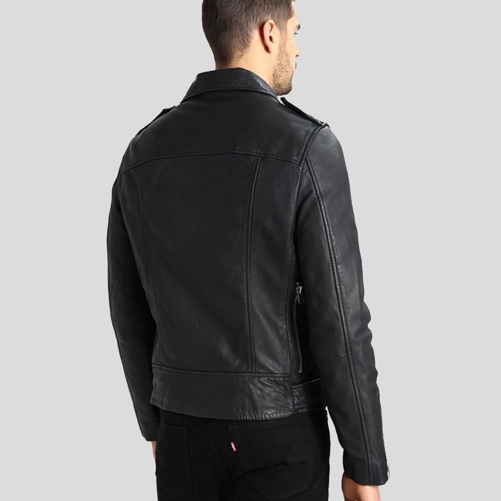men's black hooded lambskin leather bomber jacket conrad side angle