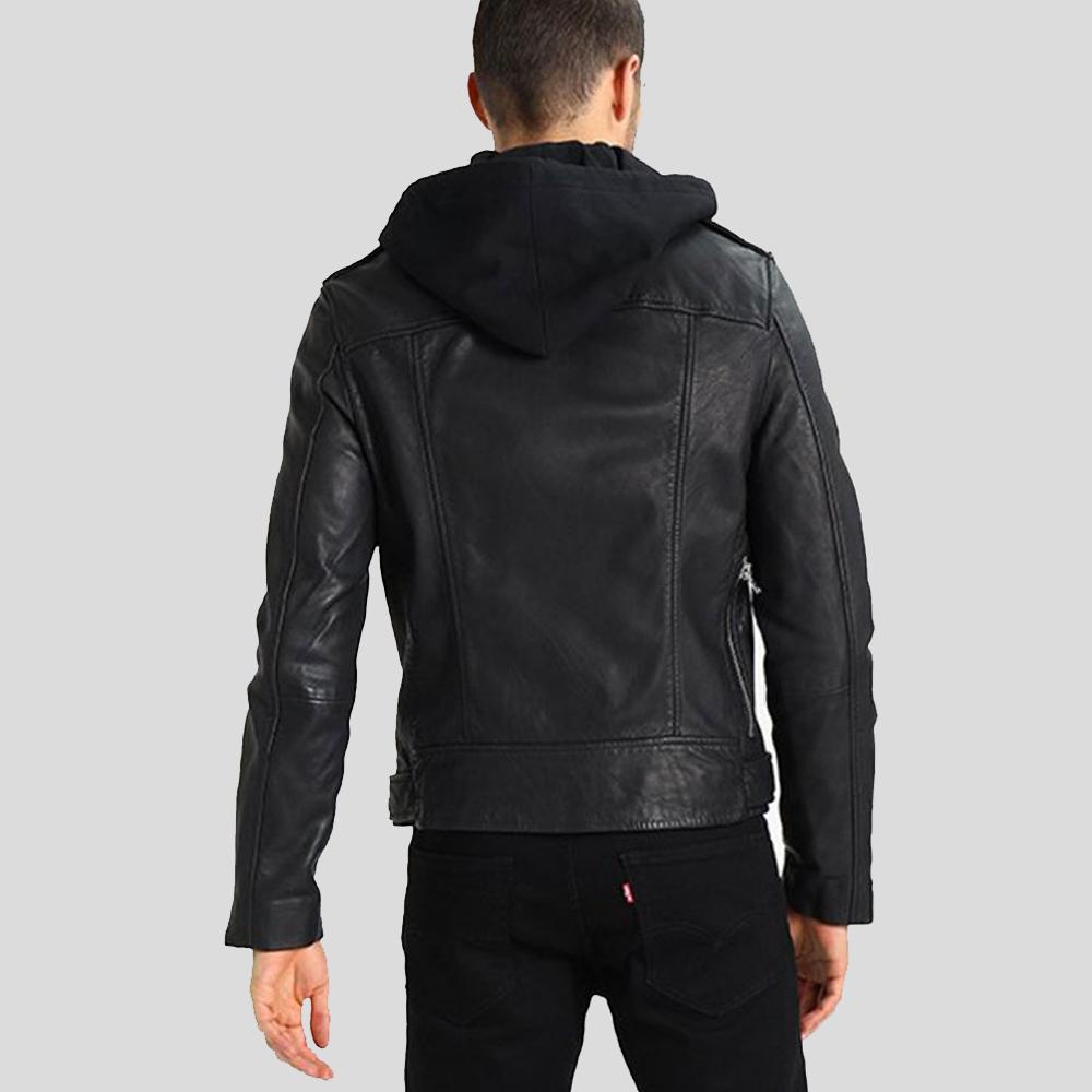 men's black hooded lambskin leather bomber jacket conrad front view