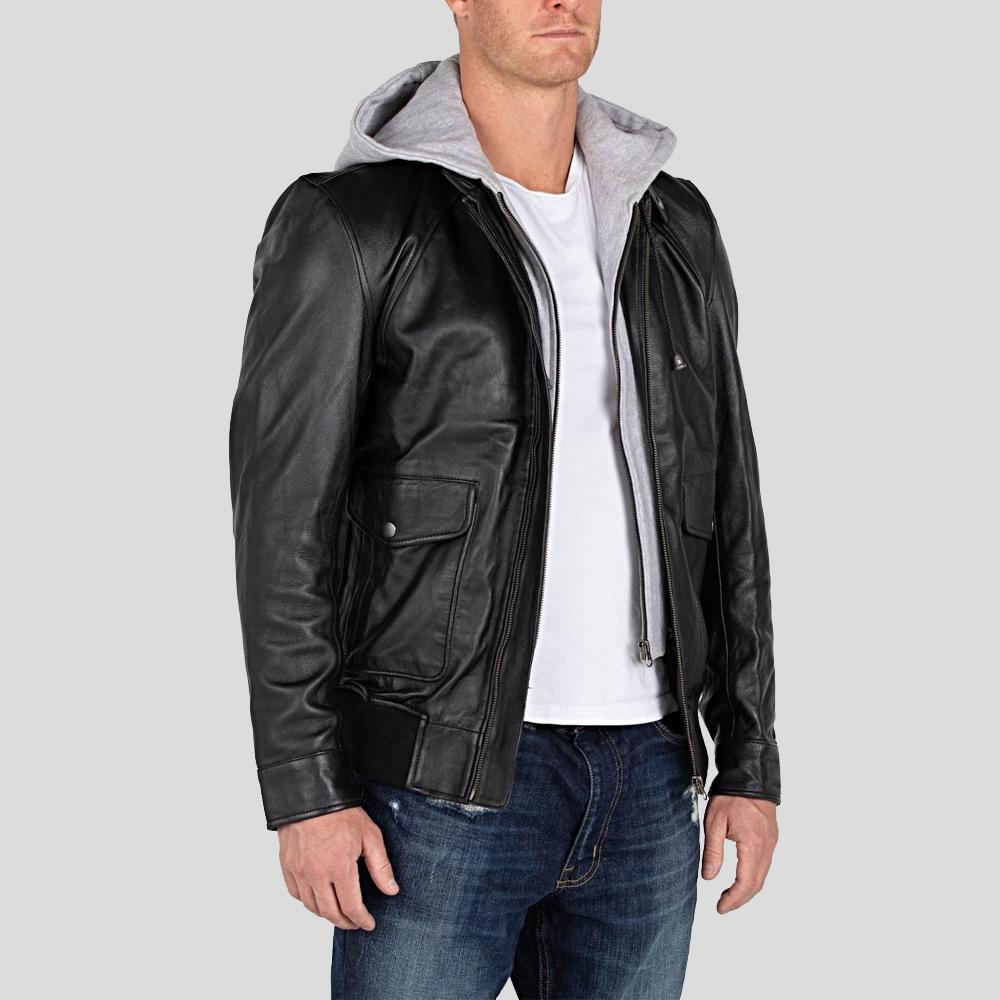 removable hood leather jacket detail close up