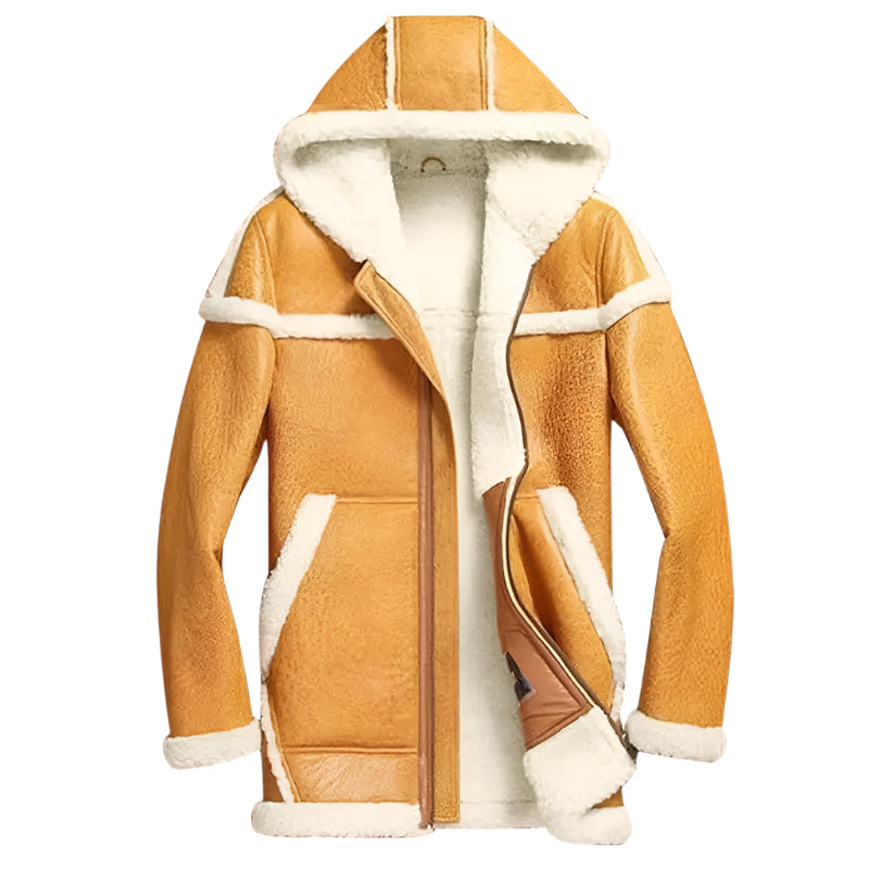 Men's Hooded B7 Sheepskin Shearling Bomber Coat in Yellow Amsel Leathers