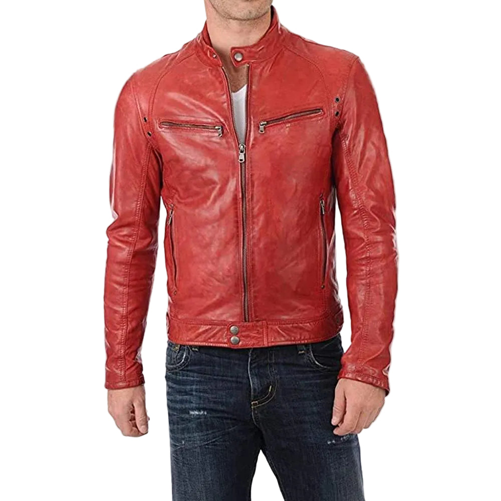 • red racer leather jacket mens front view
