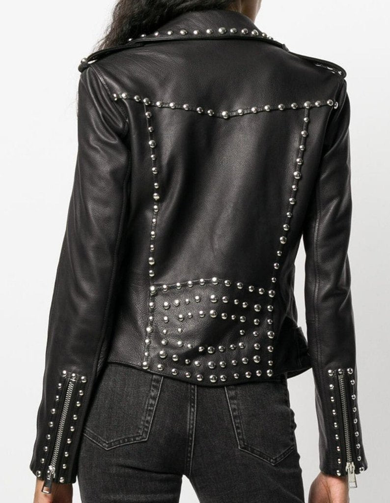 Silver Studs Black Leather Brando Jacket Women - AMSEL LEATHERS