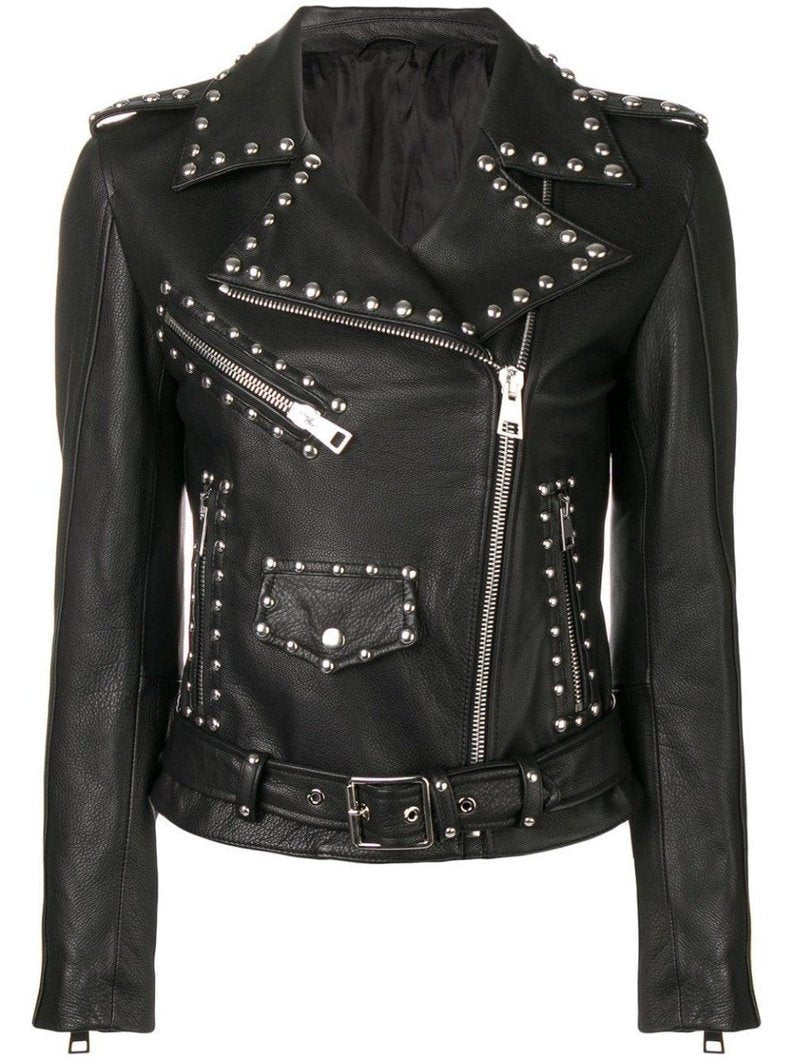 Silver Studs Black Leather Brando Jacket Women - AMSEL LEATHERS