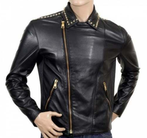 Men Golden Studded Zipper Fashion Leather Jacket - AMSEL LEATHERS