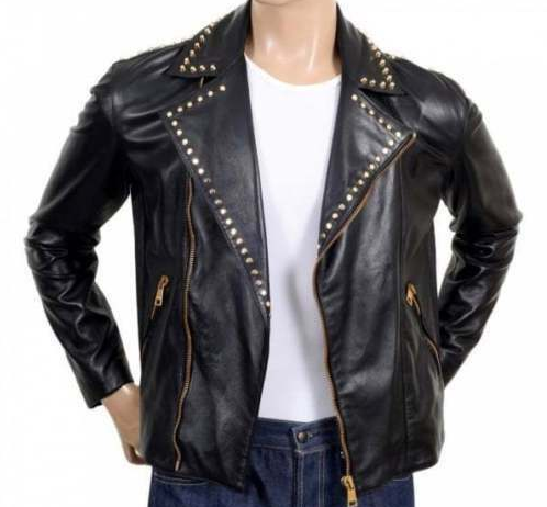 Men Golden Studded Zipper Fashion Leather Jacket - AMSEL LEATHERS