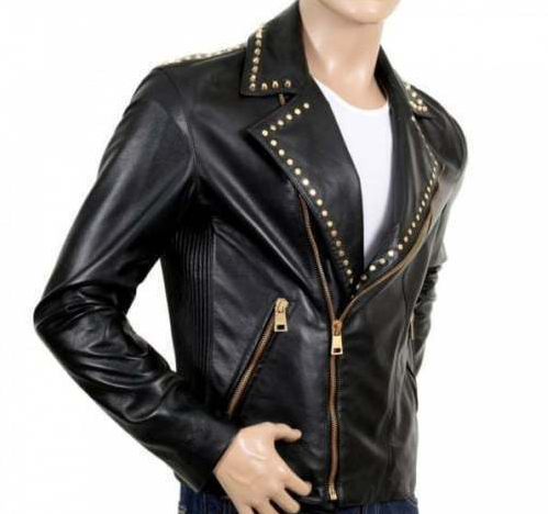 Men Golden Studded Zipper Fashion Leather Jacket - AMSEL LEATHERS