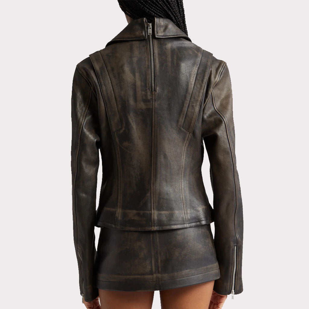 Distressed Black Leather Jacket with Zipper Detail for Women - AMSEL LEATHERS