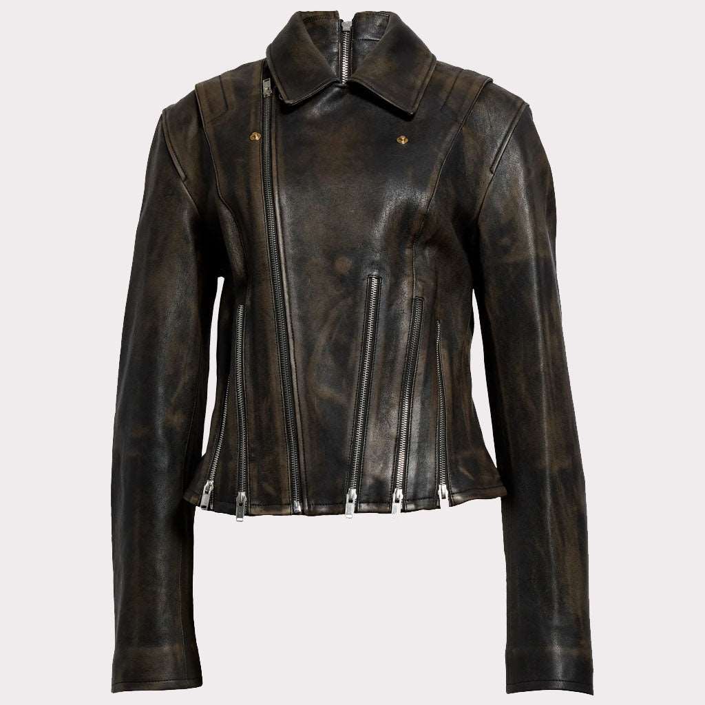 Distressed Black Leather Jacket with Zipper Detail for Women - AMSEL LEATHERS