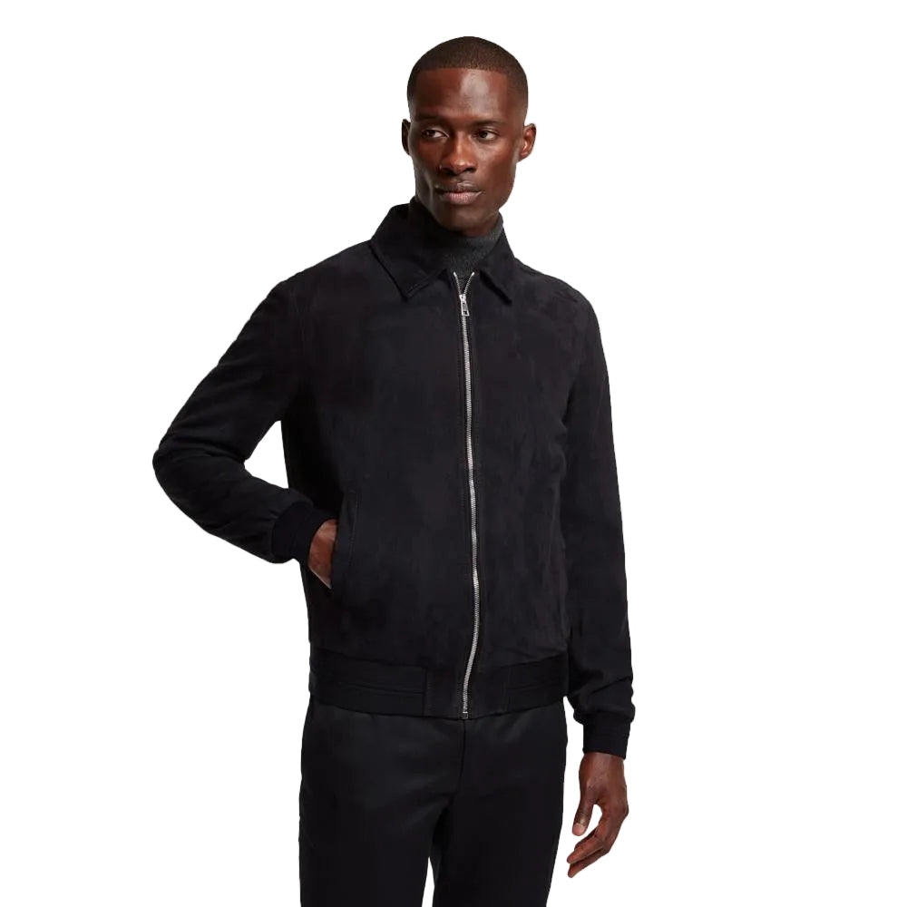 men's blue suede leather jacket marius front view