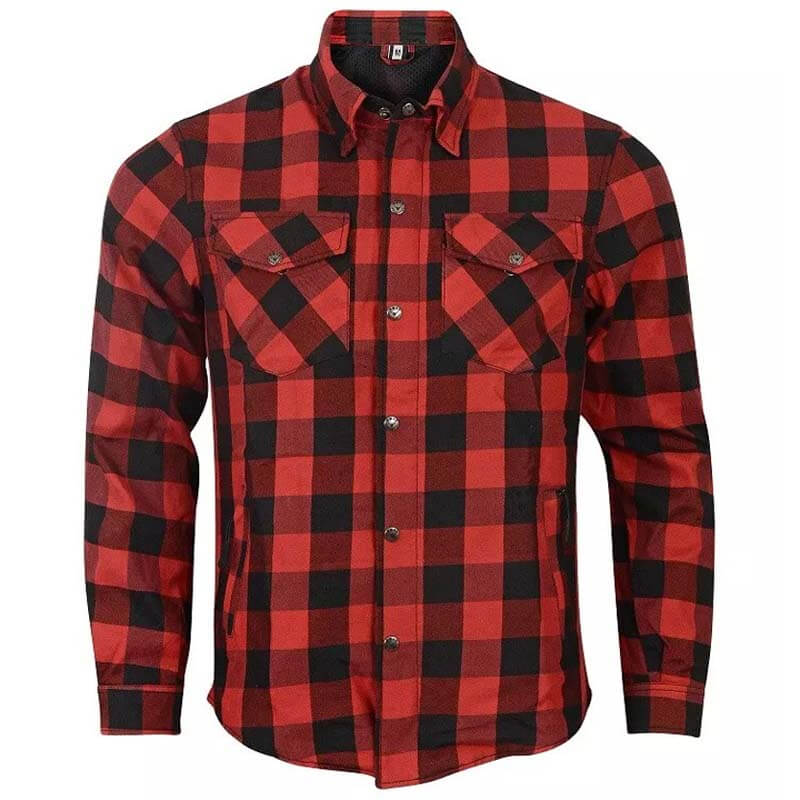 Men's Kevlar Lined CE Armored Motorcycle Flannel Shirt in Red - AMSEL LEATHERS