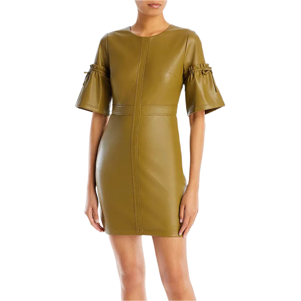 Khaki Bell Sleeves Mini Leather Dress for Women - AMSEL LEATHERS