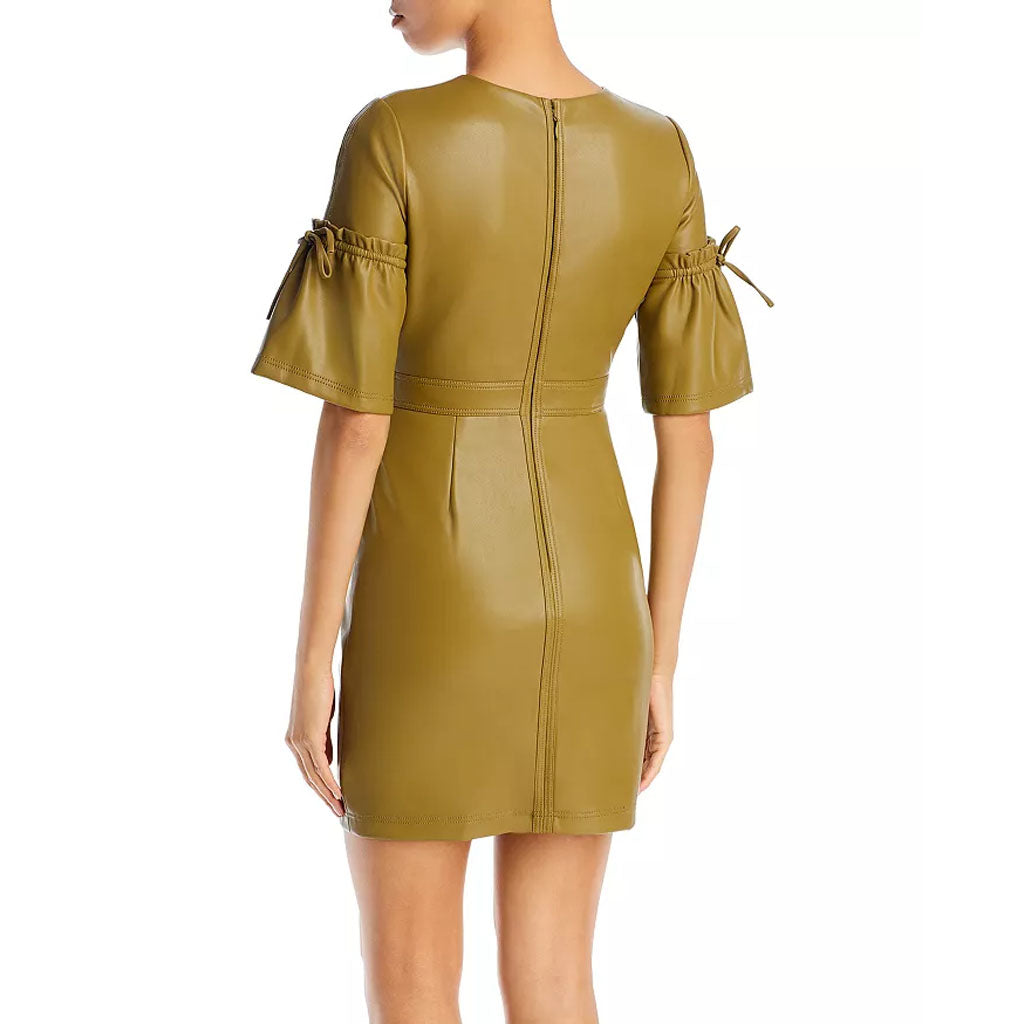 Khaki Bell Sleeves Mini Leather Dress for Women - AMSEL LEATHERS