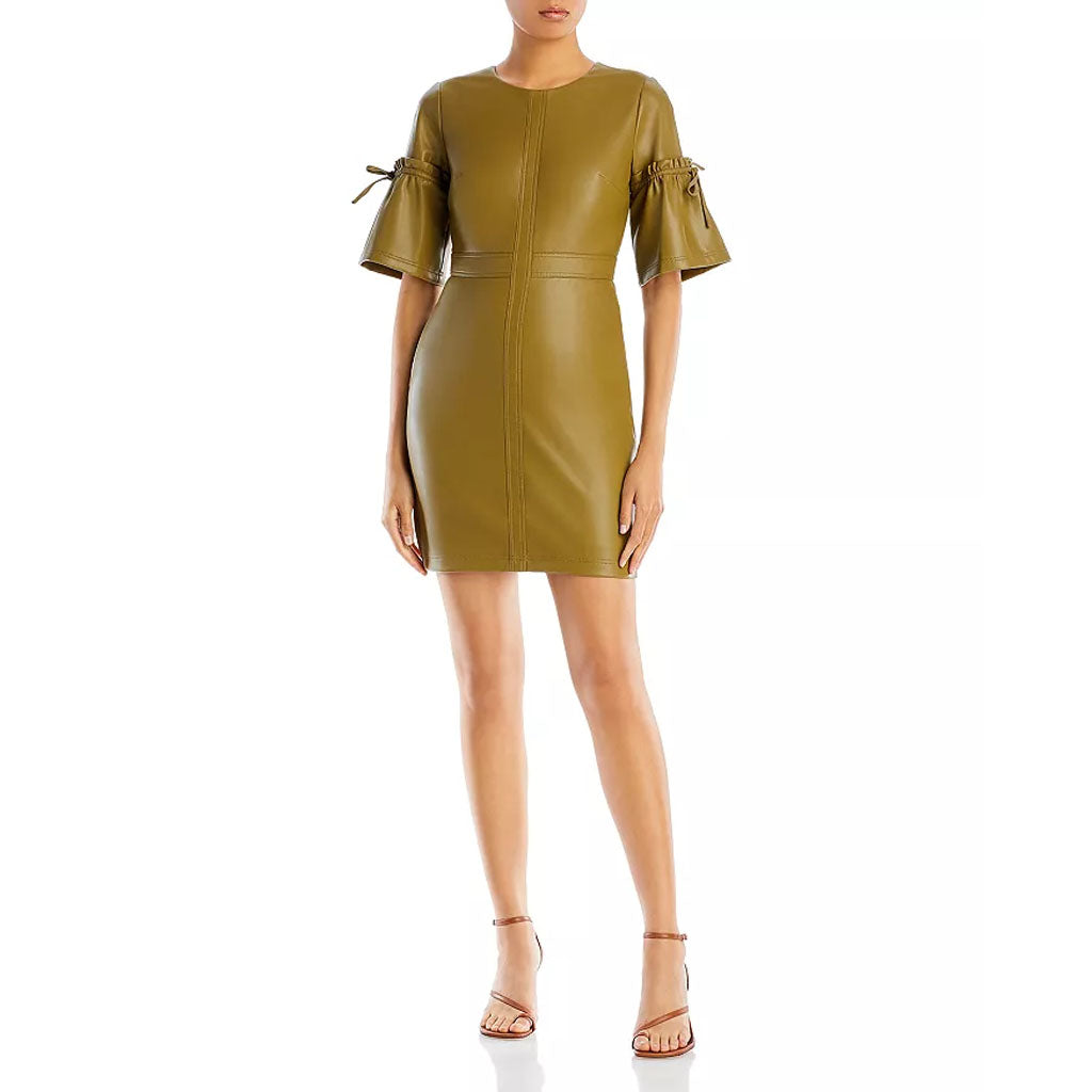 Khaki Bell Sleeves Mini Leather Dress for Women - AMSEL LEATHERS