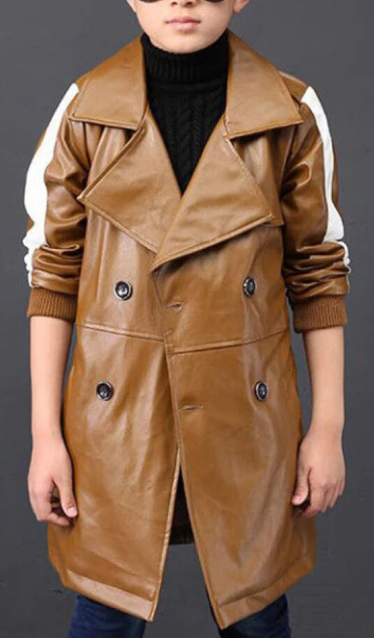 Kids Windbreaker Lapel Brown Leather Trench Jacket - AMSEL LEATHERS