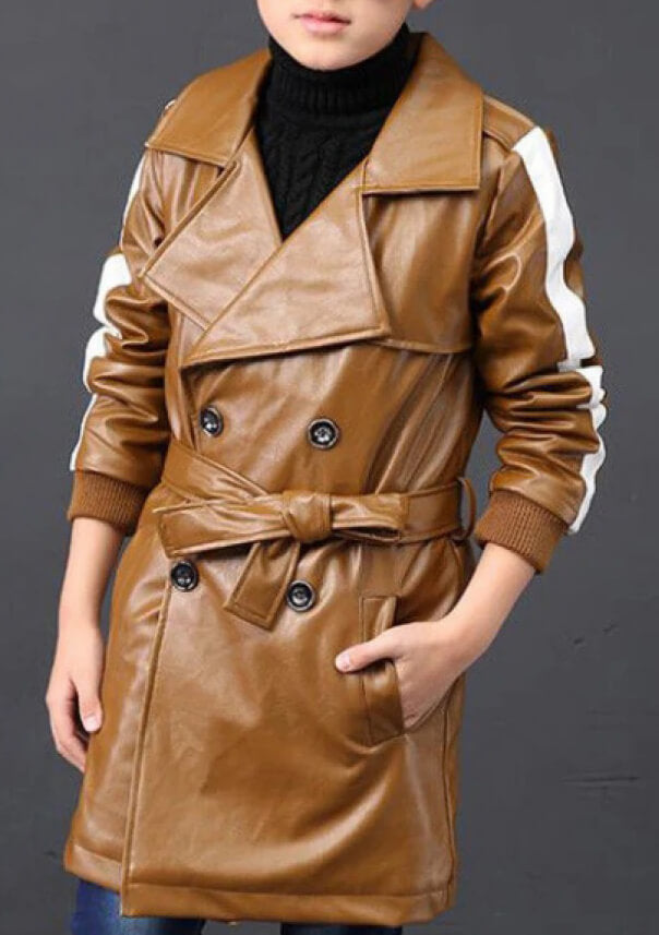 Kids Windbreaker Lapel Brown Leather Trench Jacket - AMSEL LEATHERS